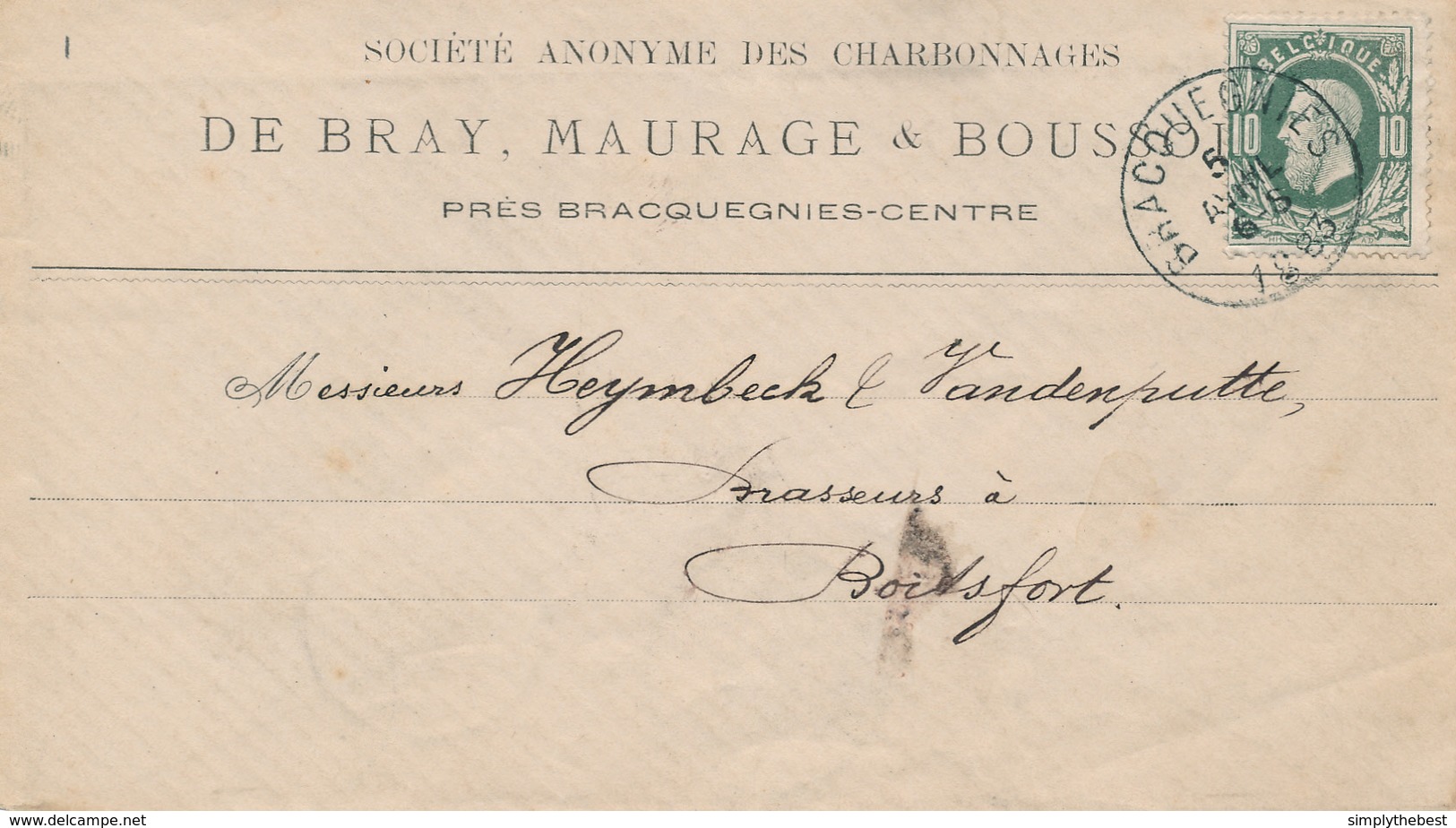 789/27 - Lettre TP 30  BRACQUEGNIES 1883 à BOITSFORT - Entete Charbonnages De Bray , Maurage Et Boussu - NIPA 150 X 3. - 1869-1883 Leopold II