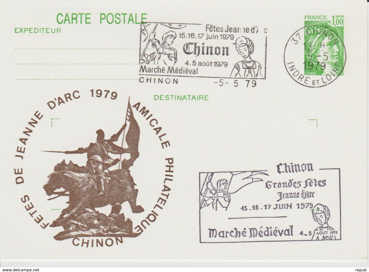 France 1979 Chinon Flamme Fete Jeanne D'Arc Sur Entier Repiqué - 1961-....