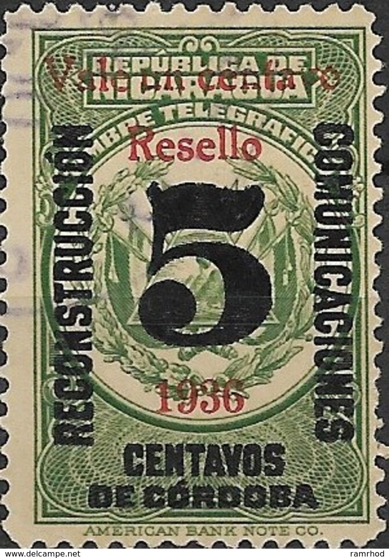 NICARAGUA 1936  Fiscal Stamp Surcharged - 1c. On 5c - Green FU - Nicaragua