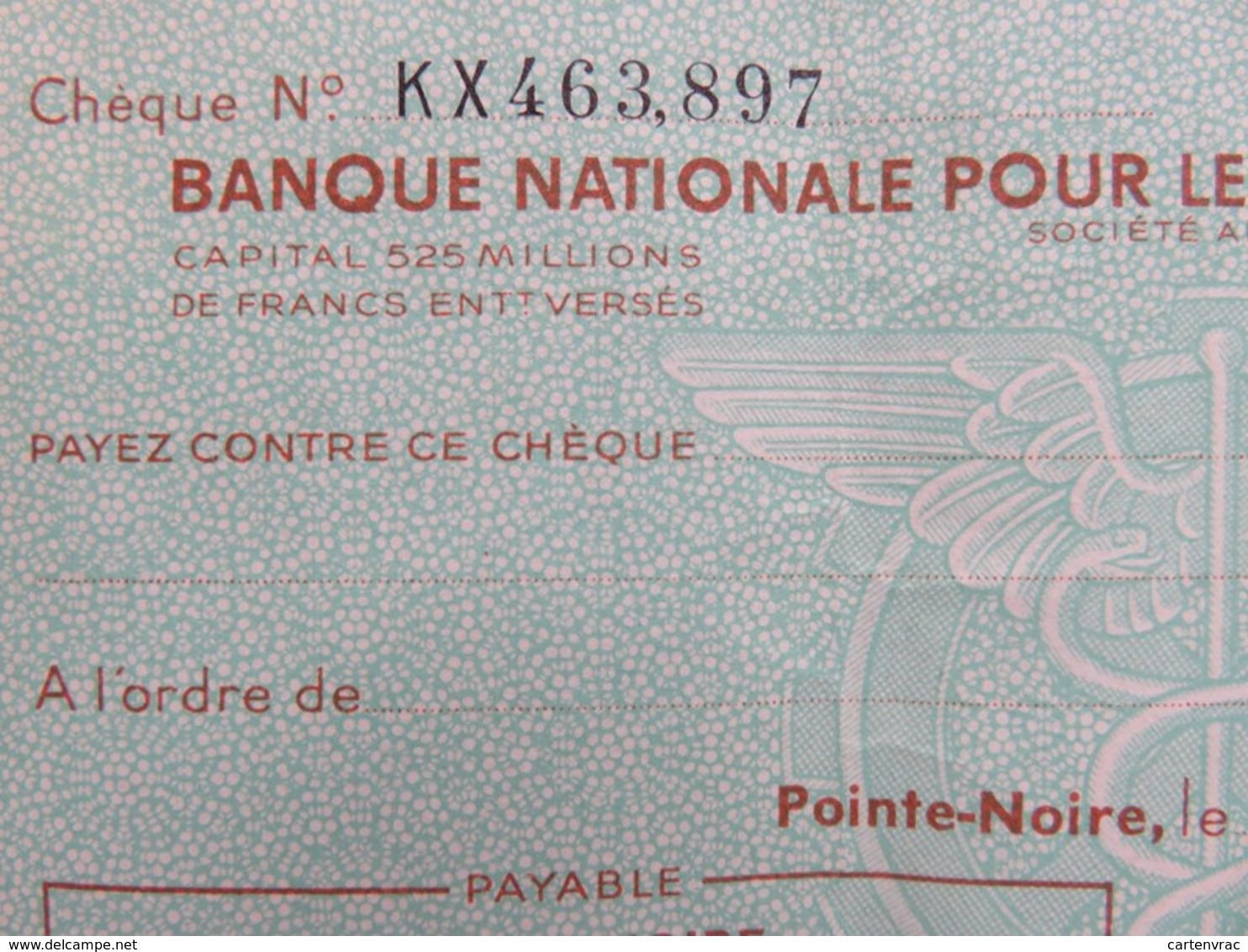 Chèque Congo (Moyen-Congo) - Pointe-Noire - Banque Nationale Pour Le Commerce Et L'Industrie - 1956 - Chèques & Chèques De Voyage