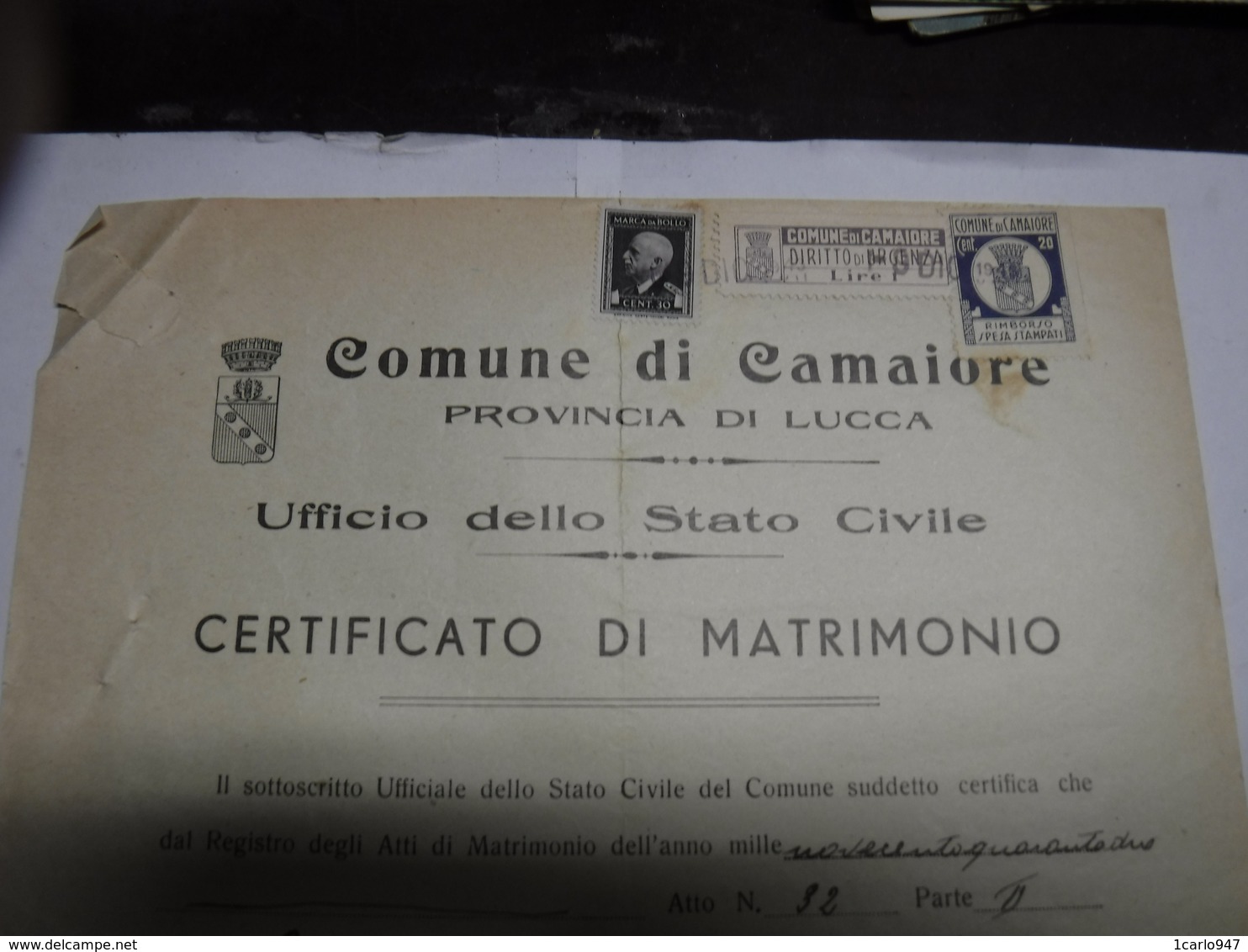 CAMAIORE   -- LUCCA   --- MARCA COMUNALE --FISCALE   L. 1,00 +    0,20 ----  SU DOCUMENTO - Fiscali