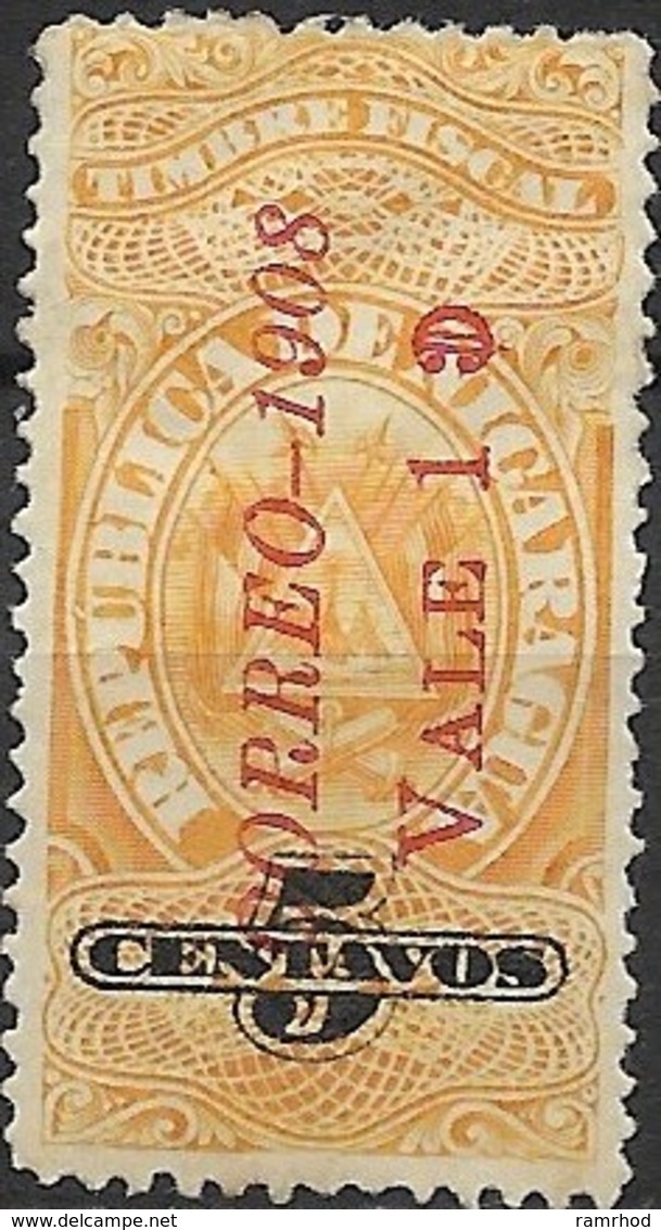 NICARAGUA 1908 Fiscal Stamp Surcharged - 1c. On 5c - Yellow MH - Nicaragua