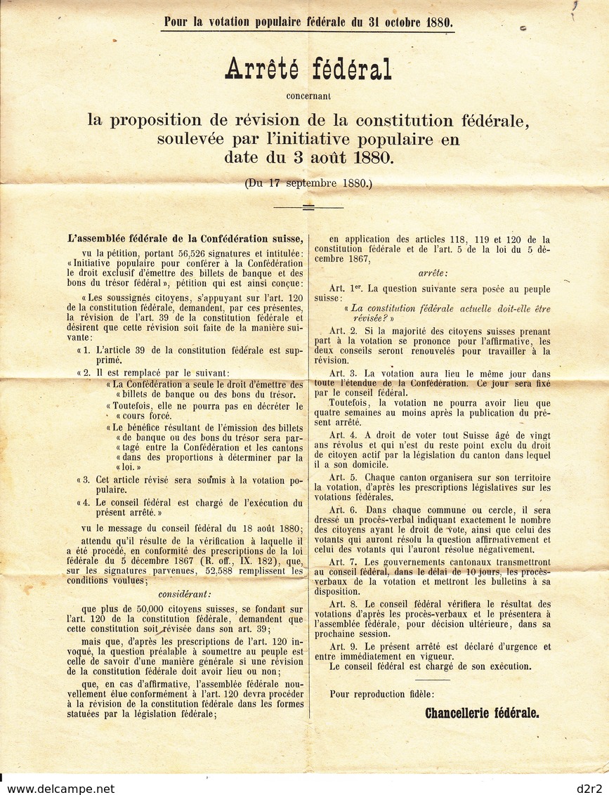 ARRETE FEDERAL - REVISION DE LA CONSTITUTION FEDERALE 3.08.1880 - SUISSE. - Décrets & Lois
