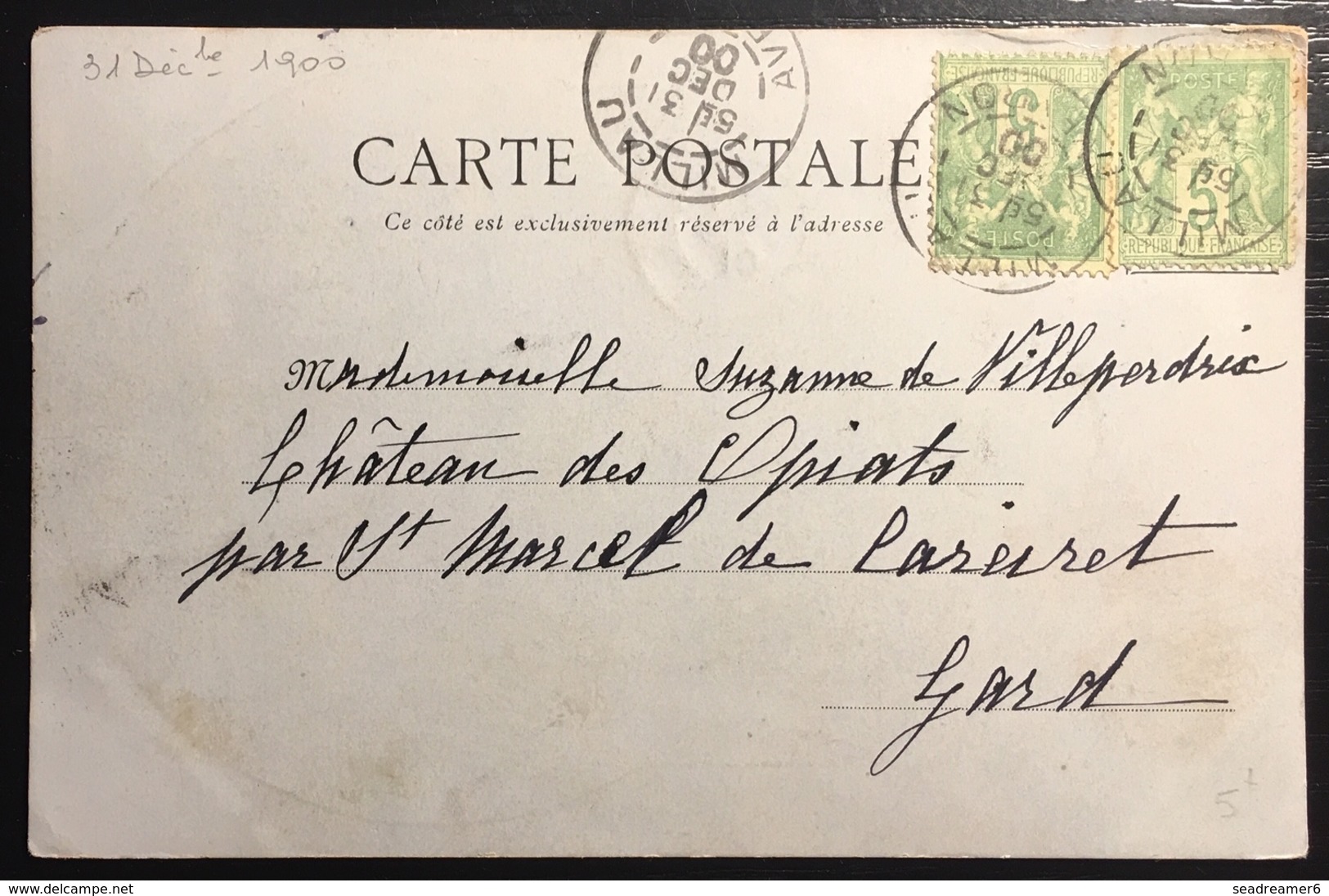 Carte Postale 1900 Sage N°102 Obl 5c Vert N/B Oblitéré Du 31 Décembre 1900...soit Le Jour De L'an !! Jour Férié ... - 1898-1900 Sage (Type III)