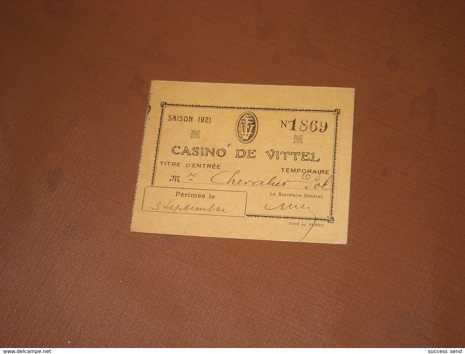 TICKET TITRE D'ENTREE AU CASINO DE VITTEL Vosges, SAISON 1921. Pas Courant - Tickets D'entrée