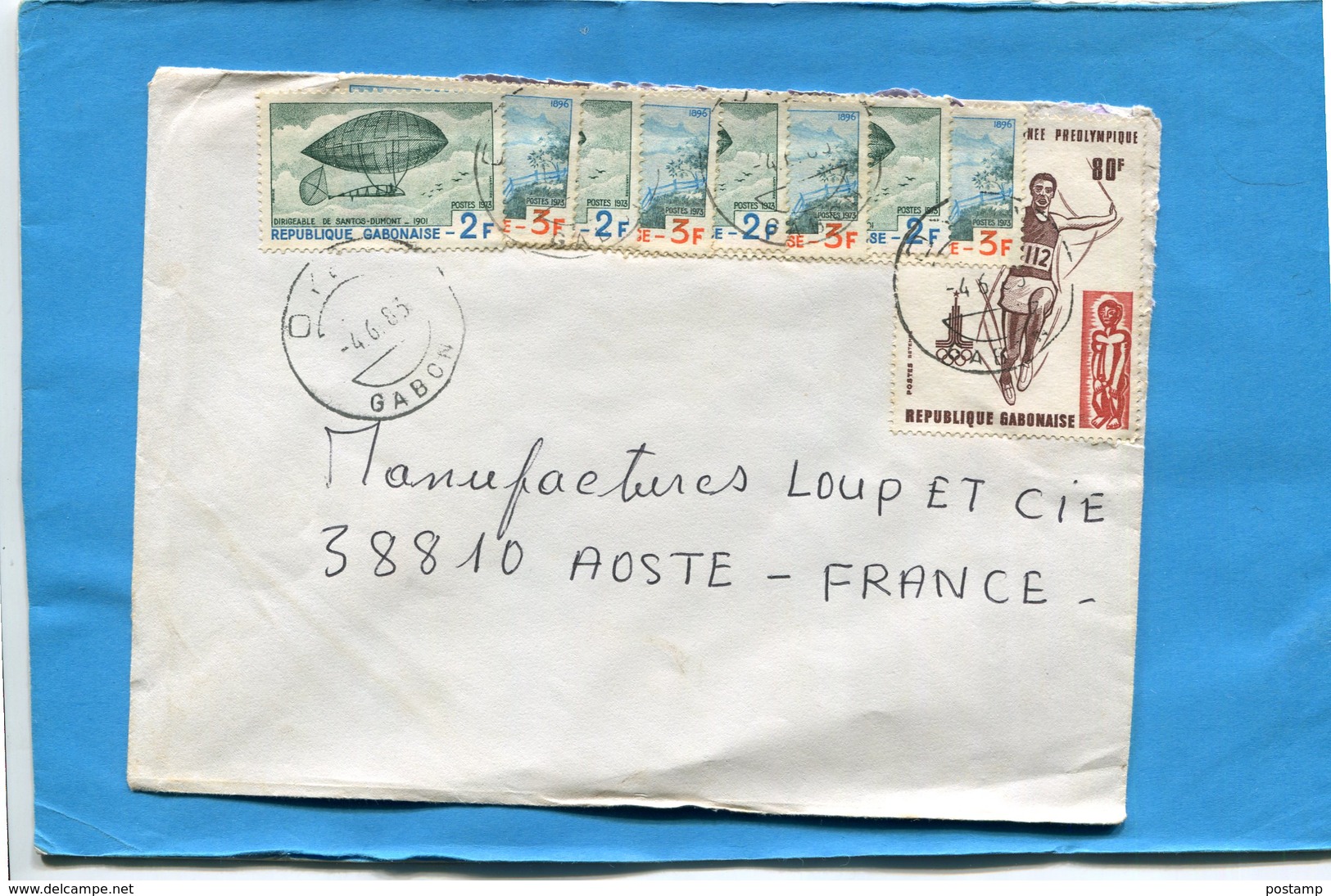 MARCOPHILIE-Gabon-lettre>Françe-cad OYEM-1983-9 Stamp N°311-12Dirigeables+N°410-peéolymp JO Moscou-saut Longueur- - Gabon (1960-...)