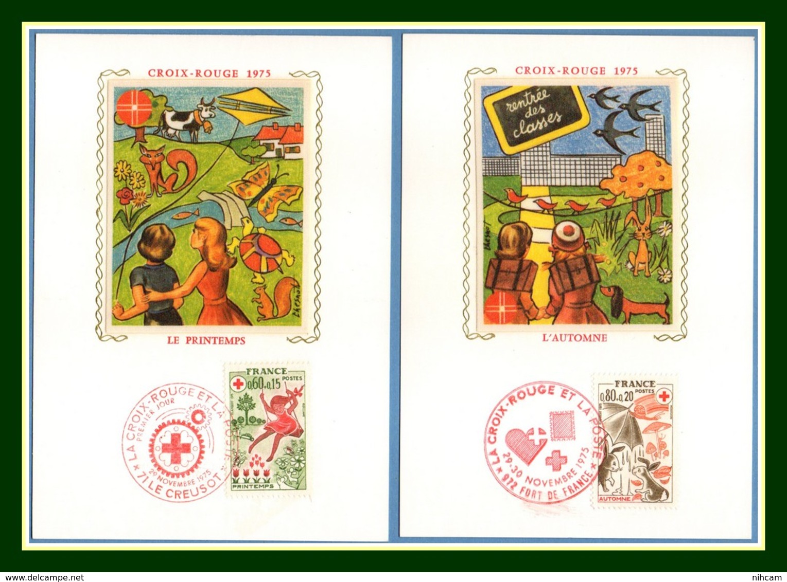 Carte Maximum Silk Soie France N° 1860 1861 Croix Rouge 1975 Red Cross Lapin Champignon Escargot Papillon  Mushroom - Croix-Rouge