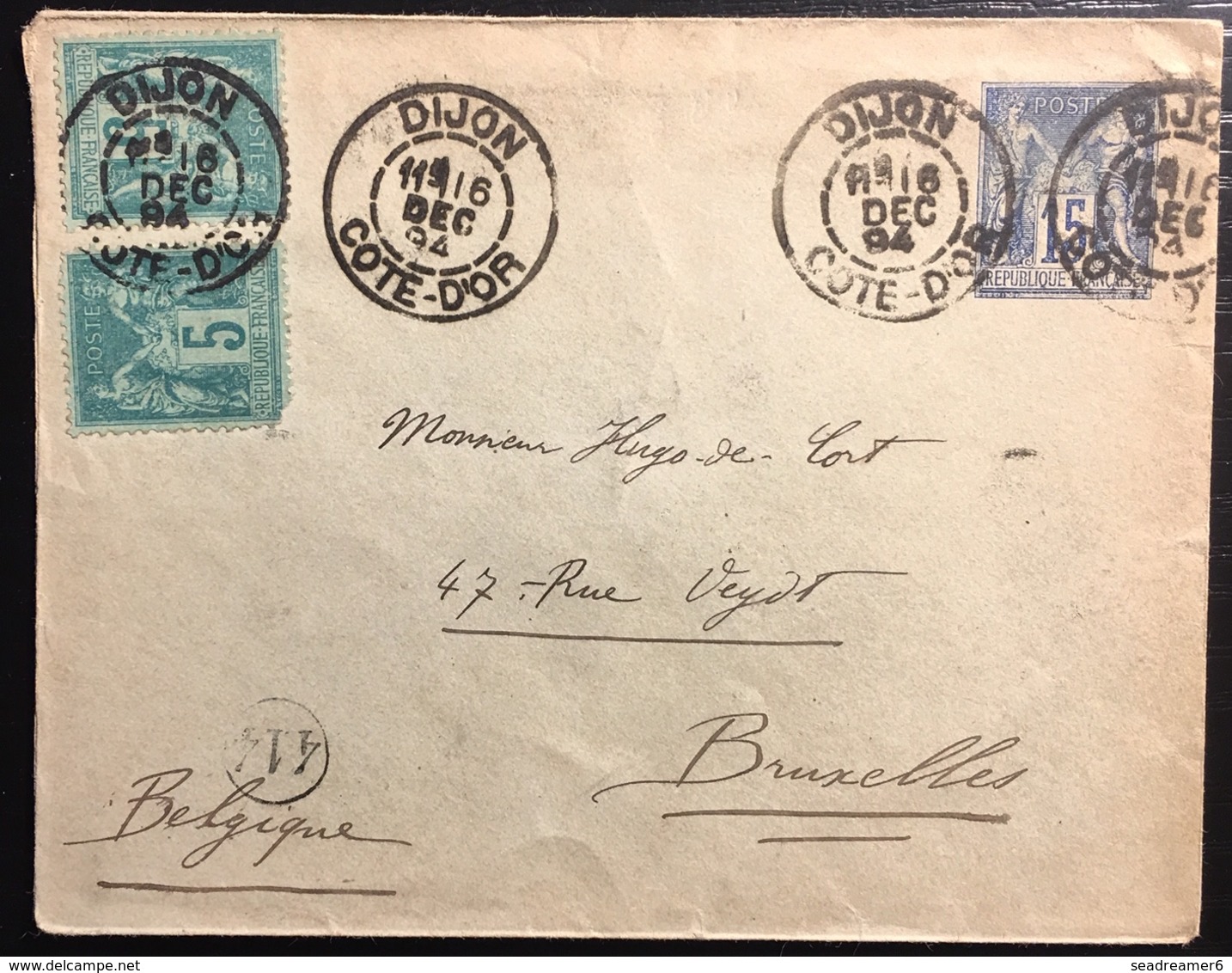 Entier France 1894 Sage 15c Bleu &  N°75 X2 Oblitérés De Dijon Pour Bruxelles - 1898-1900 Sage (Tipo III)