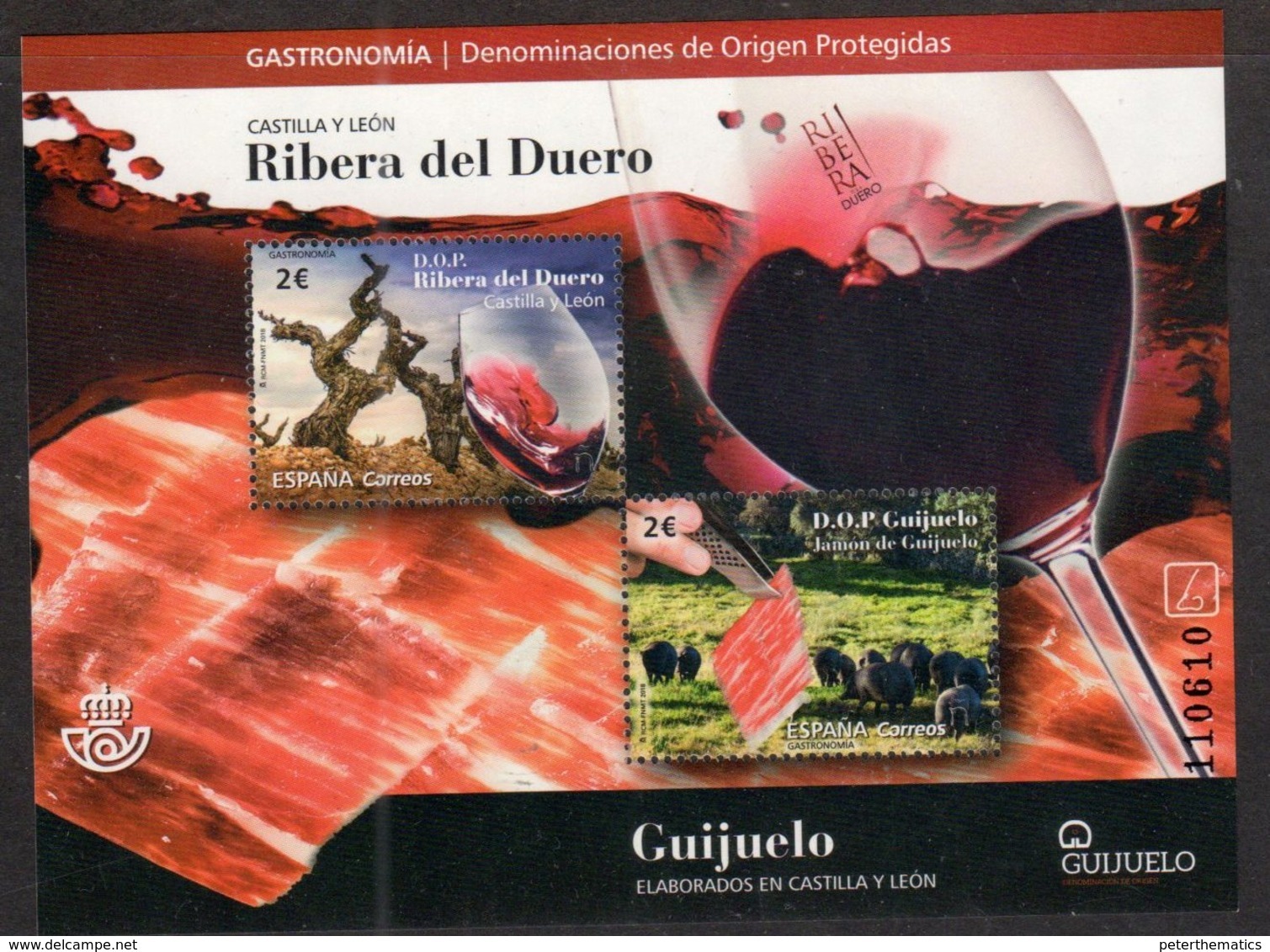 SPAIN, 2018, MNH, PROTECTED DENOMINATIONS OF ORIGIN,  WINES, FOOD, JAMÓN, HAM, PIGS, HAM-FLAVOURED(!!) SHEETLET - Wines & Alcohols