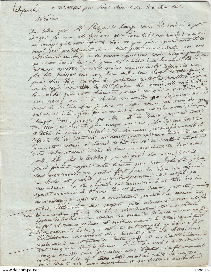 Marcoussis   Marquis De Salperwick Cachet Linas 6 Juin 1837 Lettre Très Importante - Documents Historiques