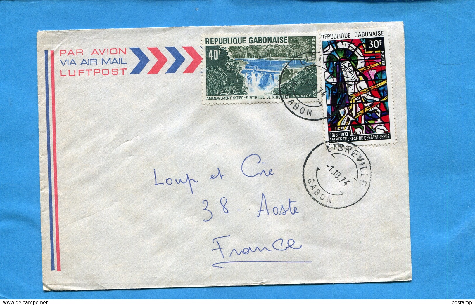 MARCOPHILIE-Gabon-lettre>Françe-cad 1971-2  Stamp N°a140 Barrage De Kinguele+N°326 Sainte Thérèse Enfant Jesus - Gabon (1960-...)