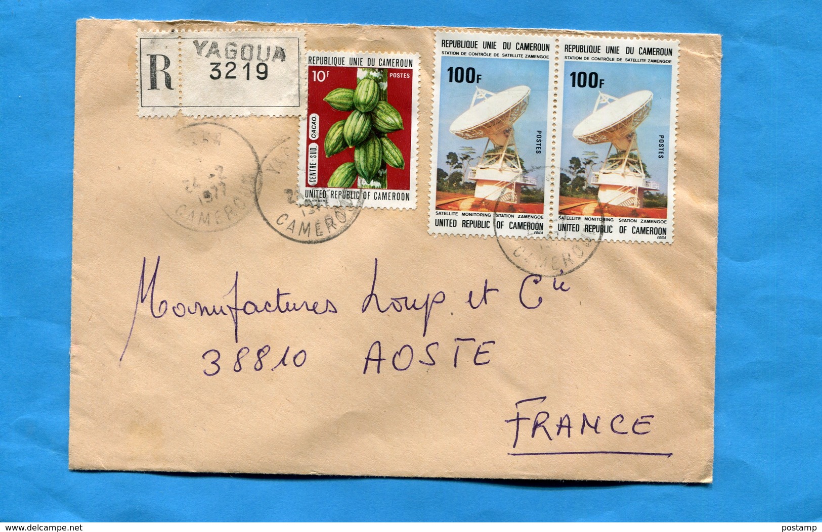 MARCOPHILIE-Gabon-lettre REC>Françe-cad  Yagoua-1977-3  Stamp N°537 Cacao+597-stationZamengoe-controle Satellite - Gabon