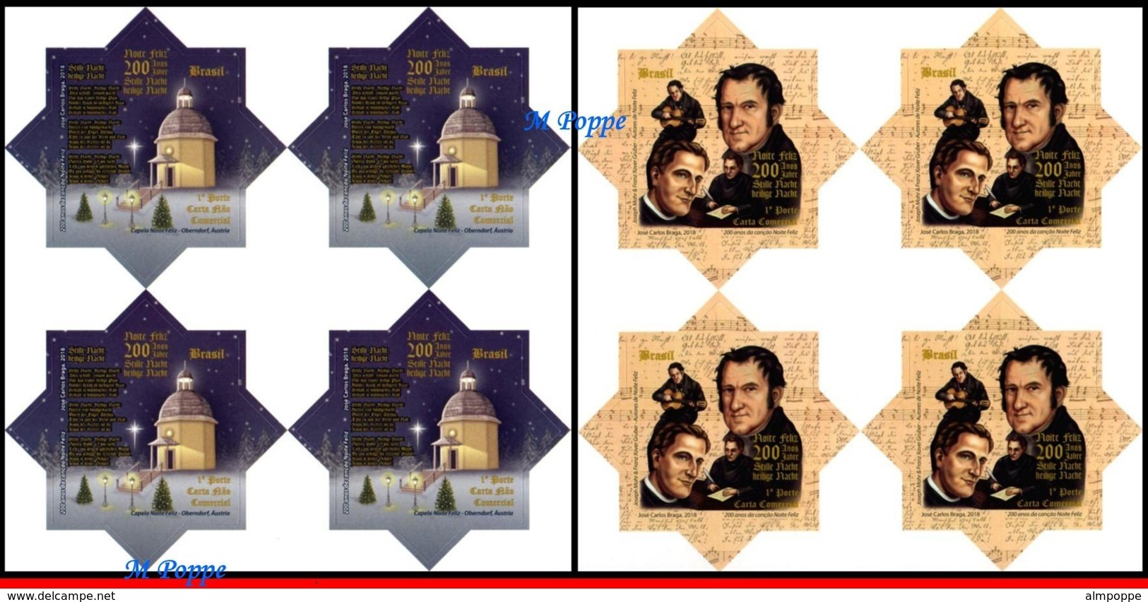 Ref. BR-V2018-161Q BRAZIL 2018 CHRISTMAS, 200 YEARS OF, �SILENT NIGHT� SONG, BLOCKS MNH 8V - Noël