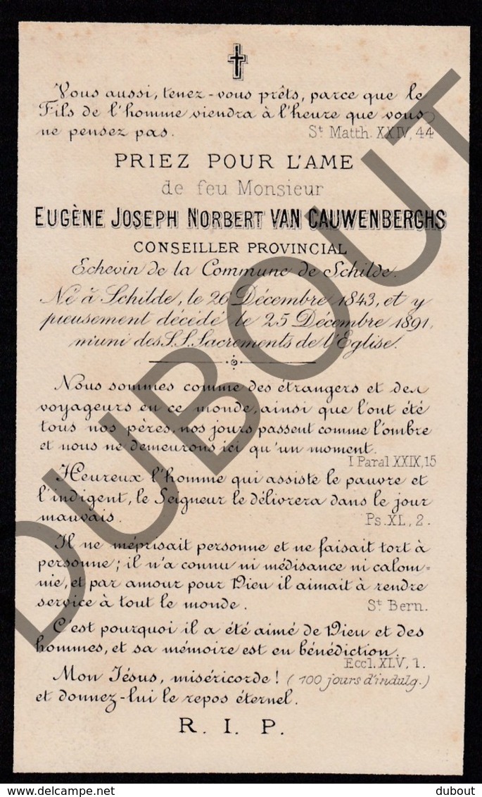 Doodsprentje Eugene Joseph Norbert Van Cauwenberghs °1843 Schilde †1891 Echevin De La Commune De Schilde (F252) - Obituary Notices