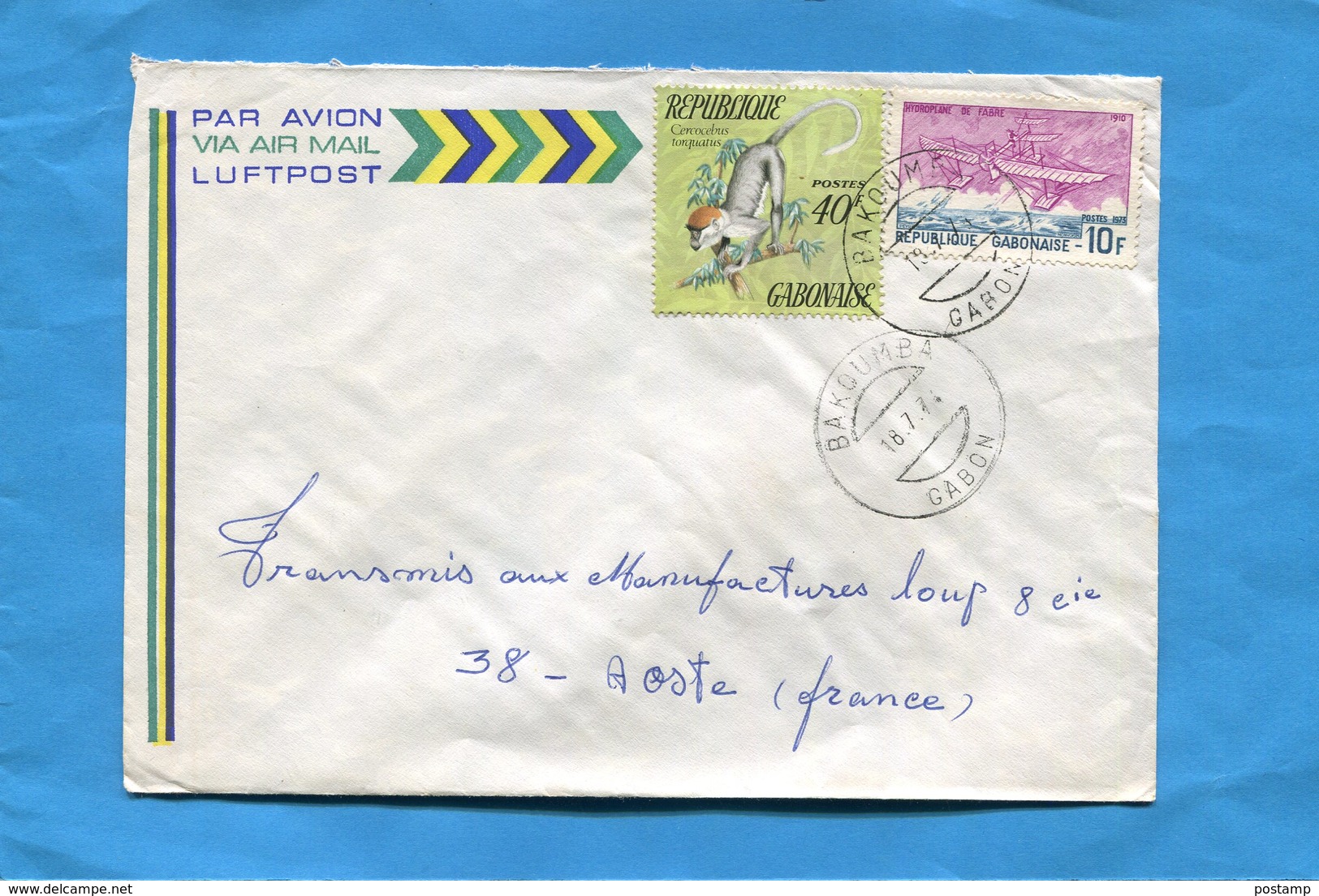 MARCOPHILIE-Gabon-lettre  >Françe-cad-Bakoumba-1974-2-stamp N°329-singe--cercogebus+315 Hydravion Fabre - Gabon (1960-...)