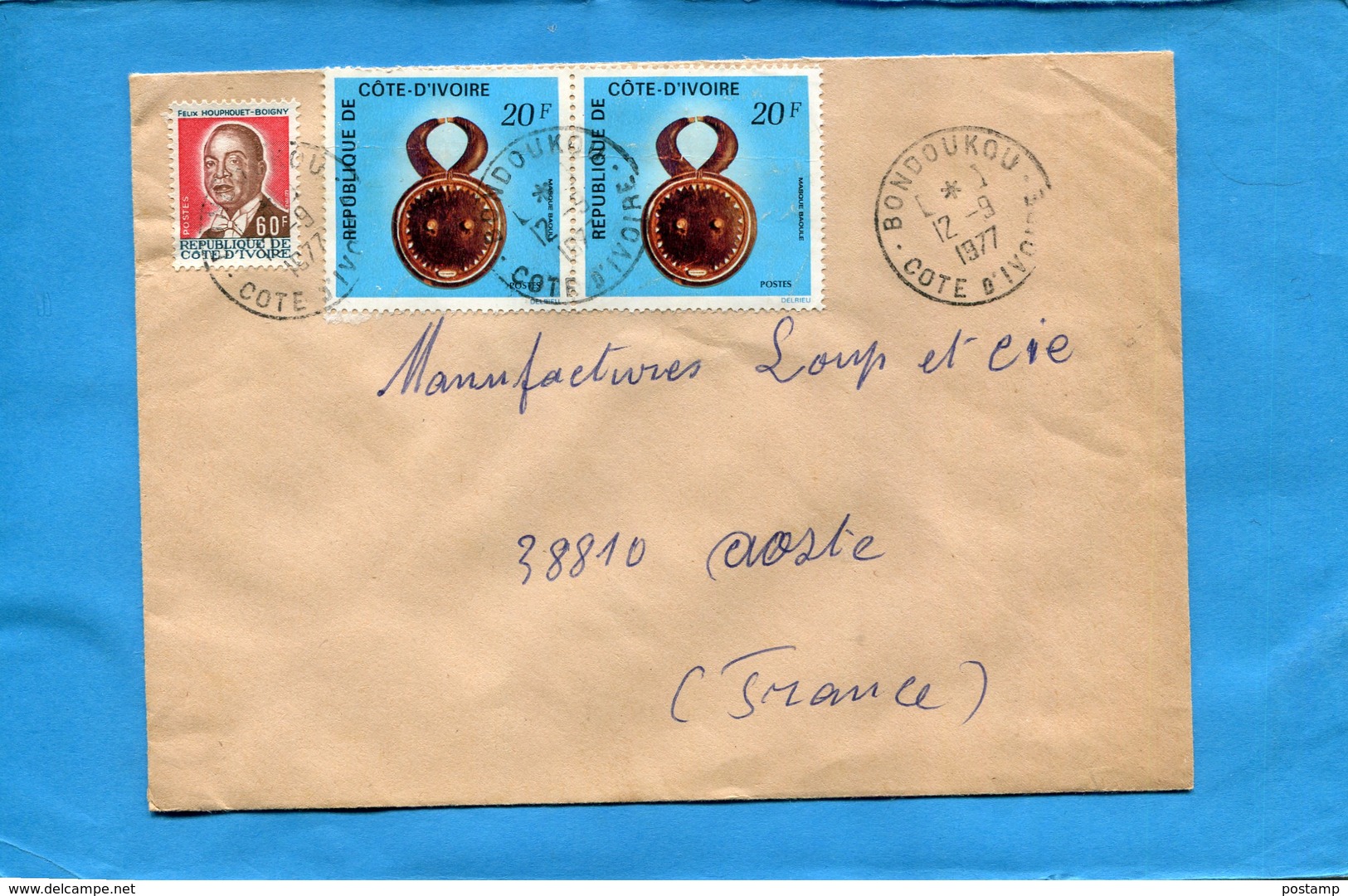 MARCOPHILIE-cote D'ivoire-lettre  >Françe-cad-Bondoukou-1977-3-stamp N°39 Masque Baoule - Côte D'Ivoire (1960-...)