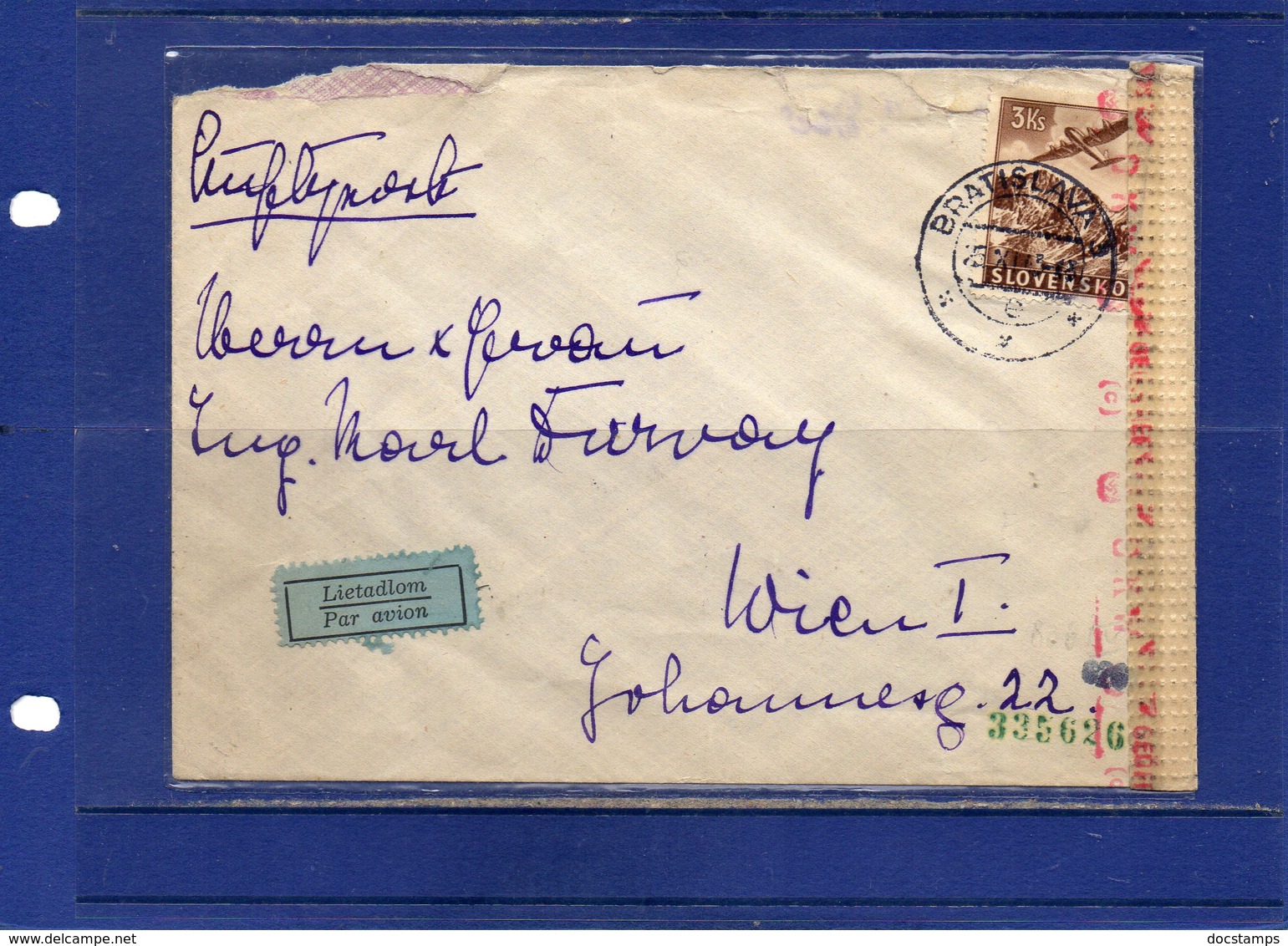 ##(ROYBOX1)-Postal History- Slovakia 1943-Airmail Cover From Bratislava To Wien -Censored,  Censor Label - Lettres & Documents