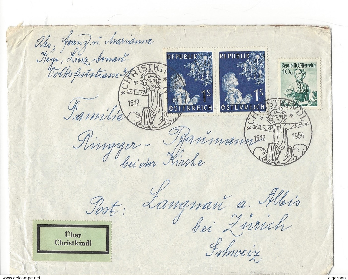 21170 - Christkindl 1954 Lettre / Cover 16.12.1954  Pour  Langnau Bei Zürich + Vignette Über Christkindl - Noël