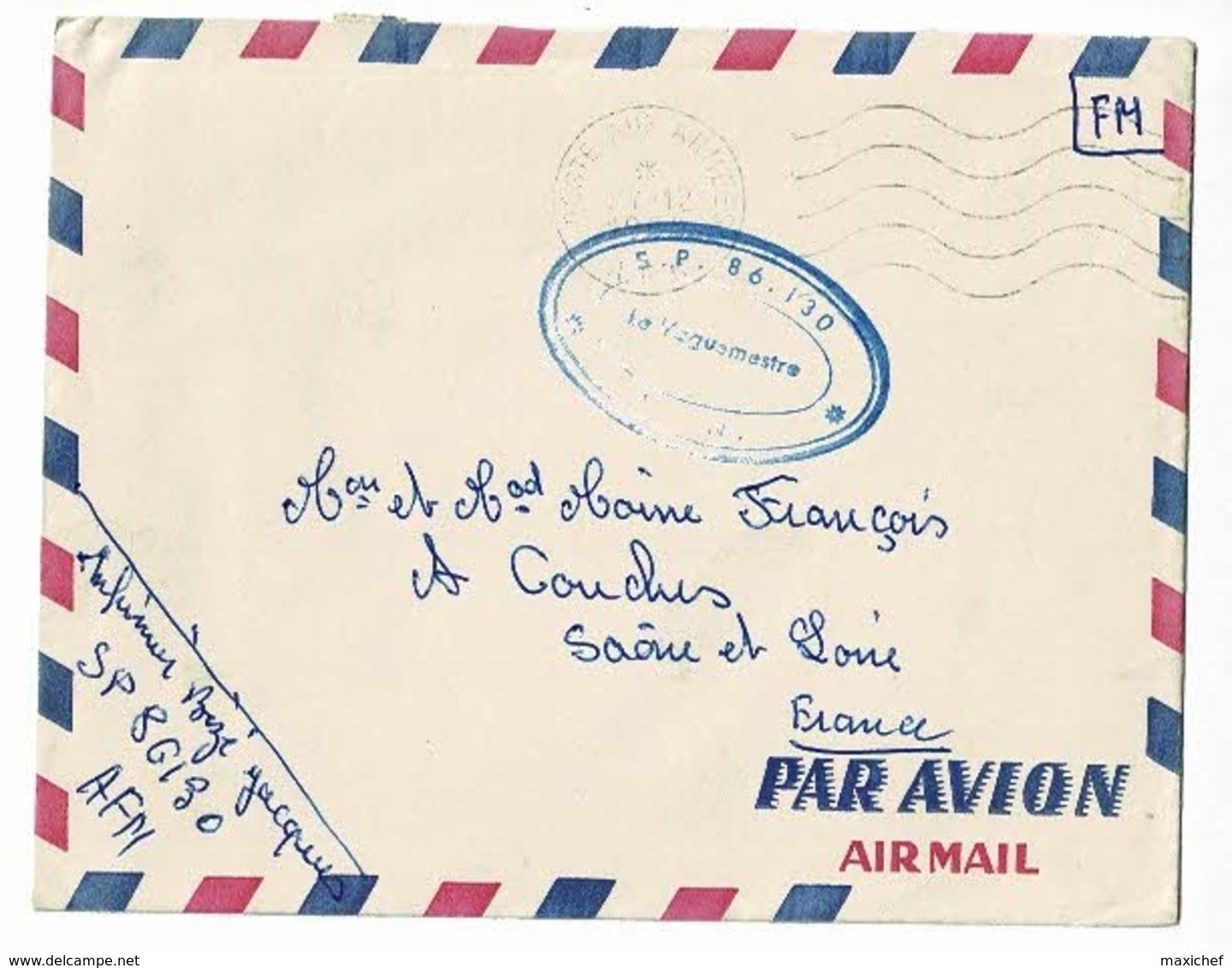 Cachet Triple Couronne " S.P. 86130 - A.F.N. Le Vaguemestre" Circulé En FM En 1960 Sur Enveloppe - Guerre D'Algérie