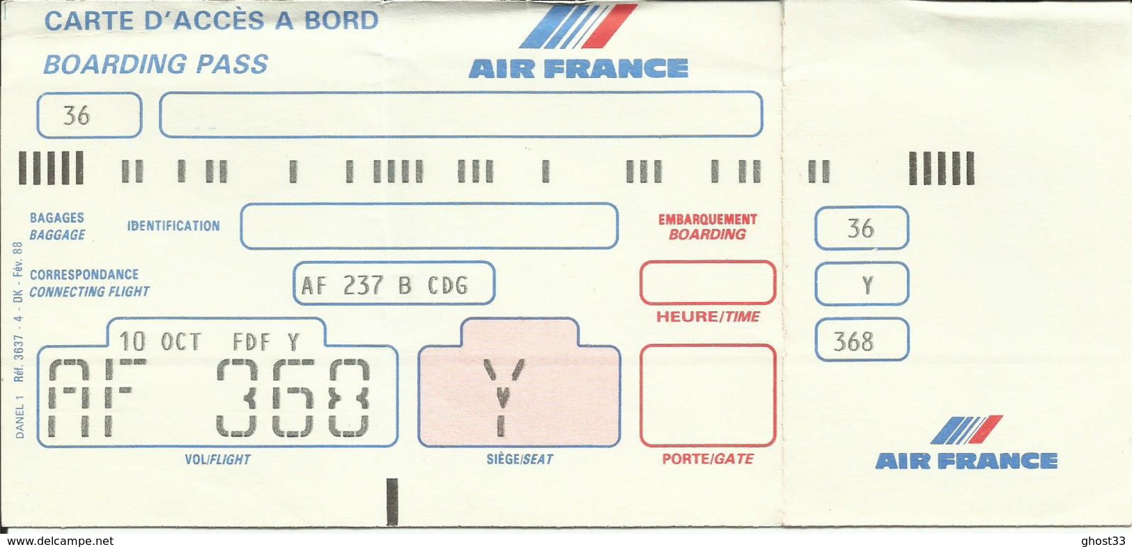 AIR FRANCE - Carte D'Embarquement/Boarding Pass - 1988 - FORT-DE-FRANCE / PARIS - Boarding Passes