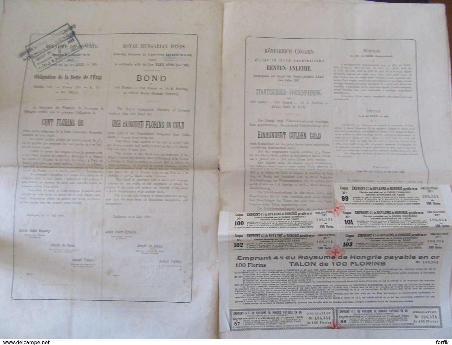 Emprunt Hongrois - Environ 10 Obligations De 100 Et 500 Florins Or - Vers 1920 - Autres & Non Classés