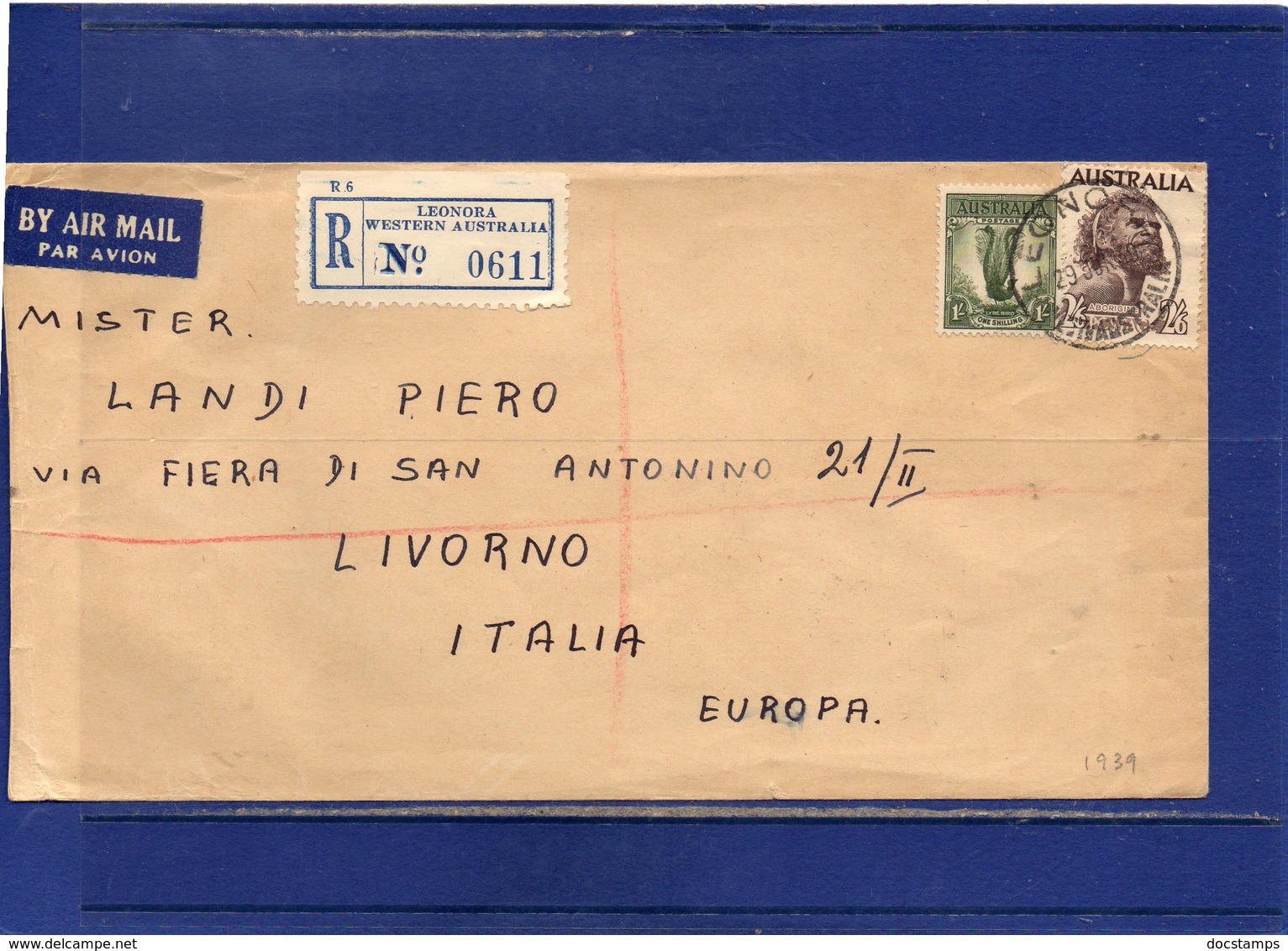 ##(ROYBOX1)-Postal History-Australia 1939-Airmail Registered  Cover From Leonora  To Livorno-Italy - Storia Postale