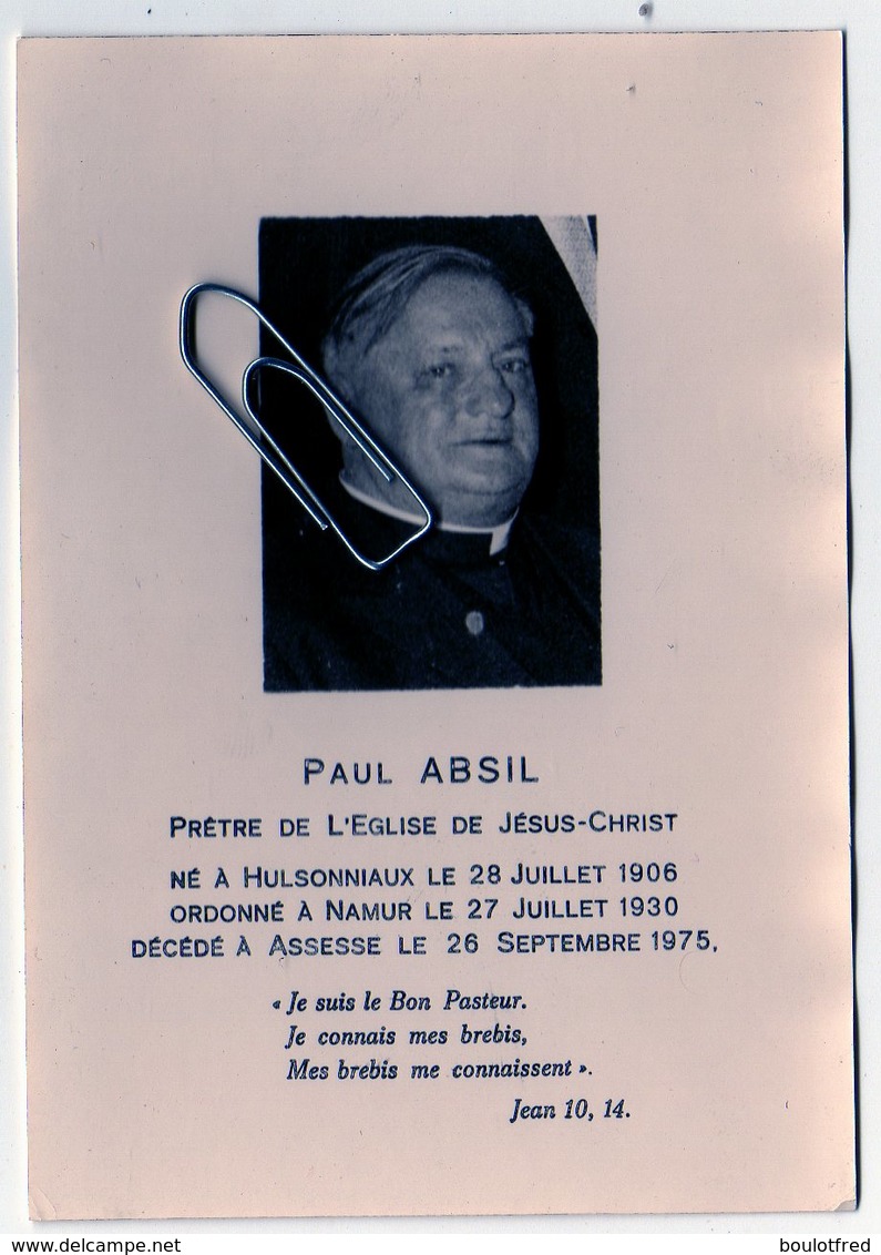 Ancienne Image Pieuse  - Le Curé Paul Absil Né à Hulsonniaux 1906 Décédé à  Assesse 1975 - Décès