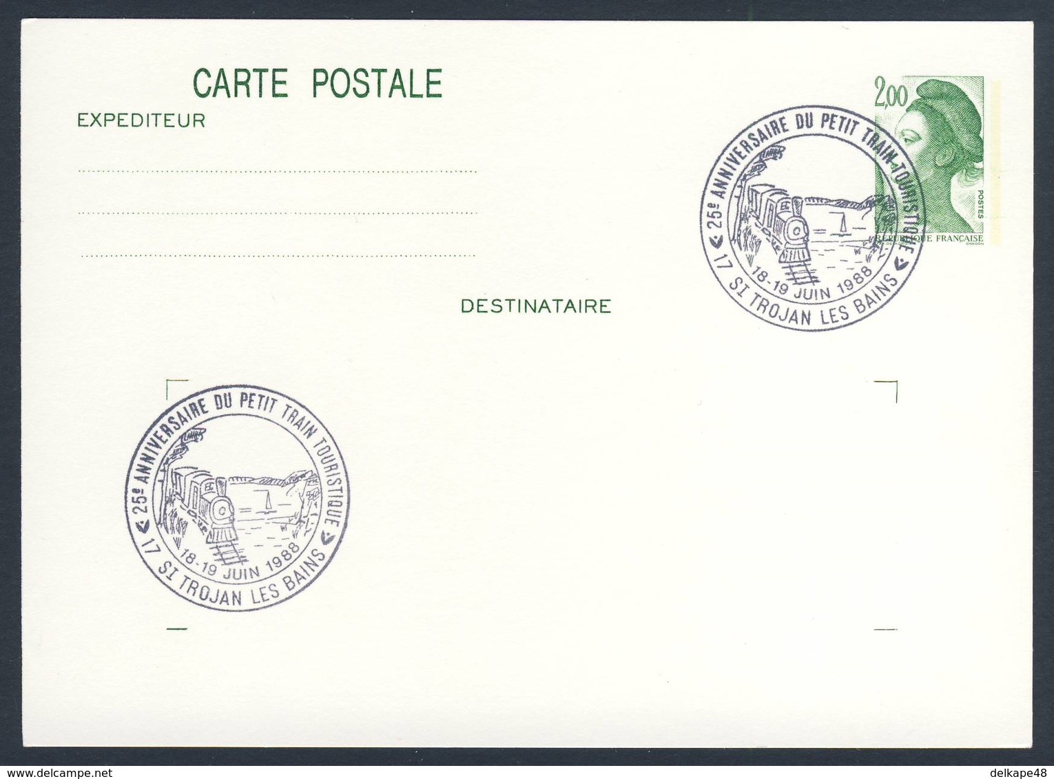 France Rep. Française 1988 Card / Karte / Enveloppe - 25 Ann. Train Touristique, St. Trojan-les-Bains/ Touristenzug - Treinen