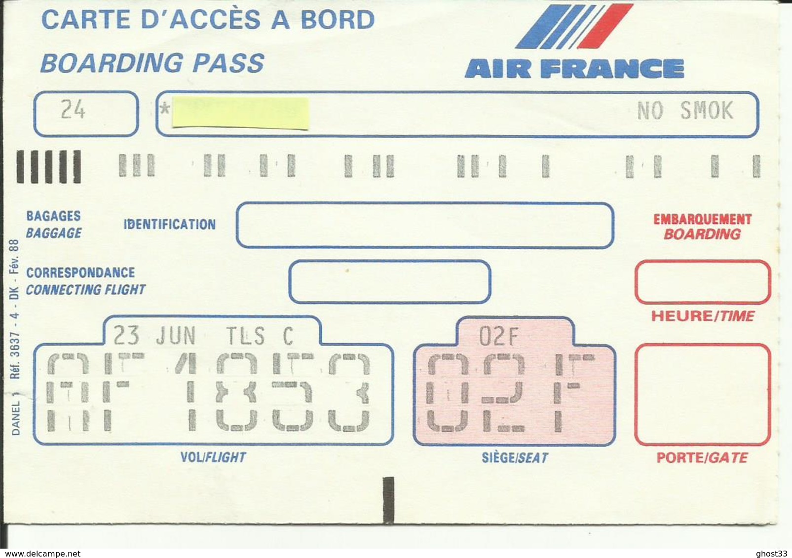 AIR FRANCE - Carte D'Embarquement/Boarding Pass - 1988 - PARIS / TOULOUSE - Tarjetas De Embarque