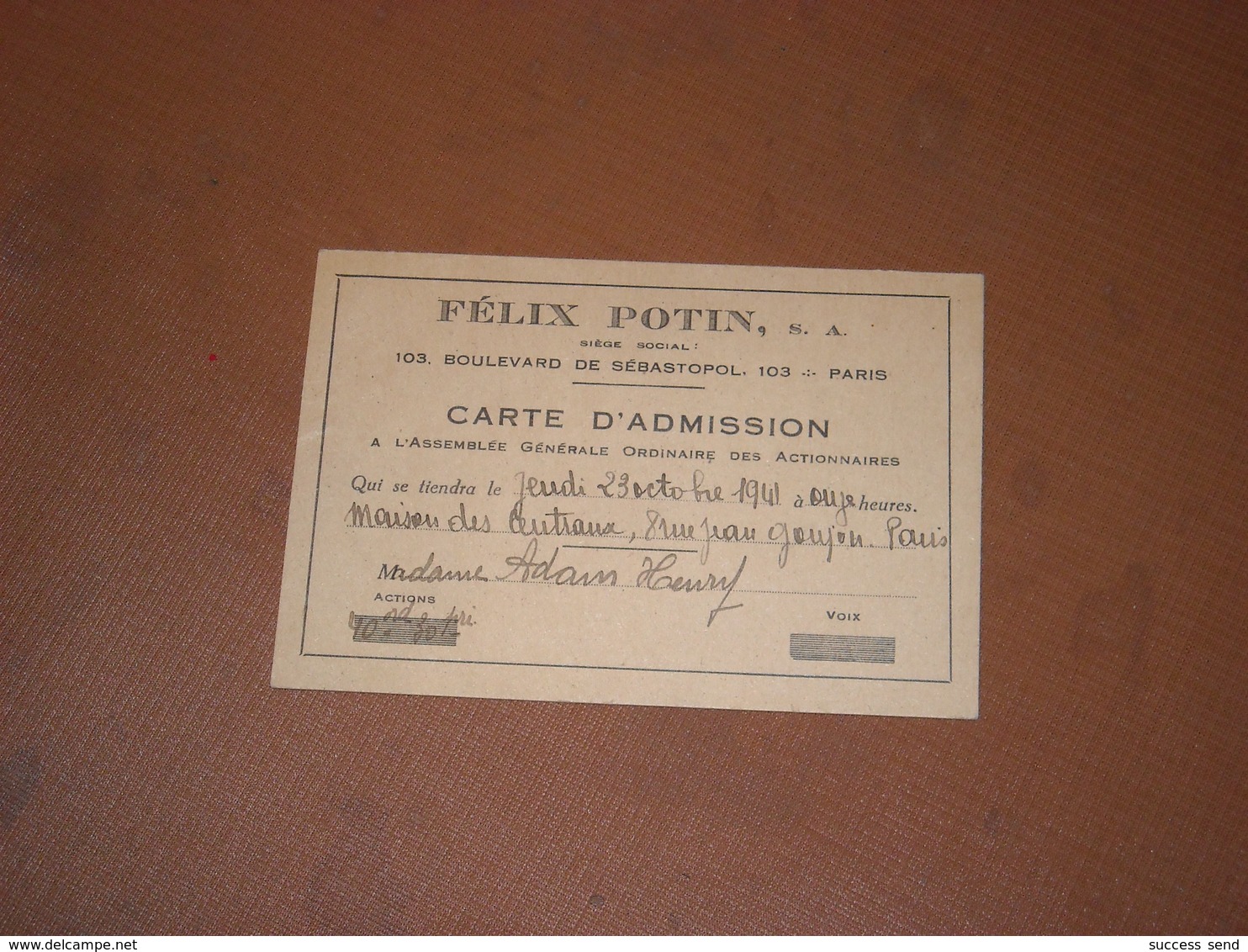 CARTE D'ADMISSION A L'ASSEMBLEE FELIX POTIN, 23/10/1941 Maison Des Centraux PARIS - Visitenkarten