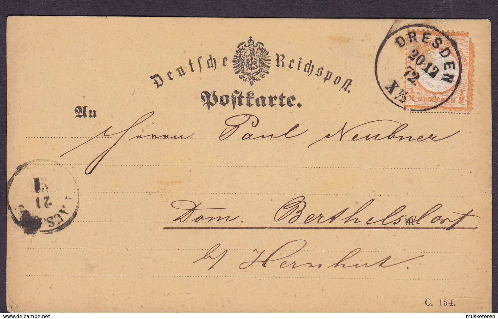 Germany Deutsche Reichspost Postkarte (Mi. 18) ½ Gr Groschen Brustschild DRESDEN 1872 BERTHELSDORF B/ Hernhut (2 Scans) - Briefe U. Dokumente