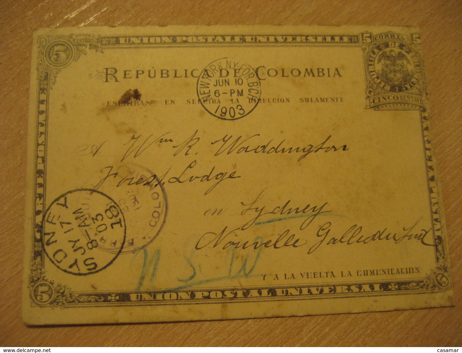 BARRANQUILLA 1903 To Sydney Australia New York + San Francisco USA Transit Cancel Postal Stationery Card COLOMBIA - Colombie