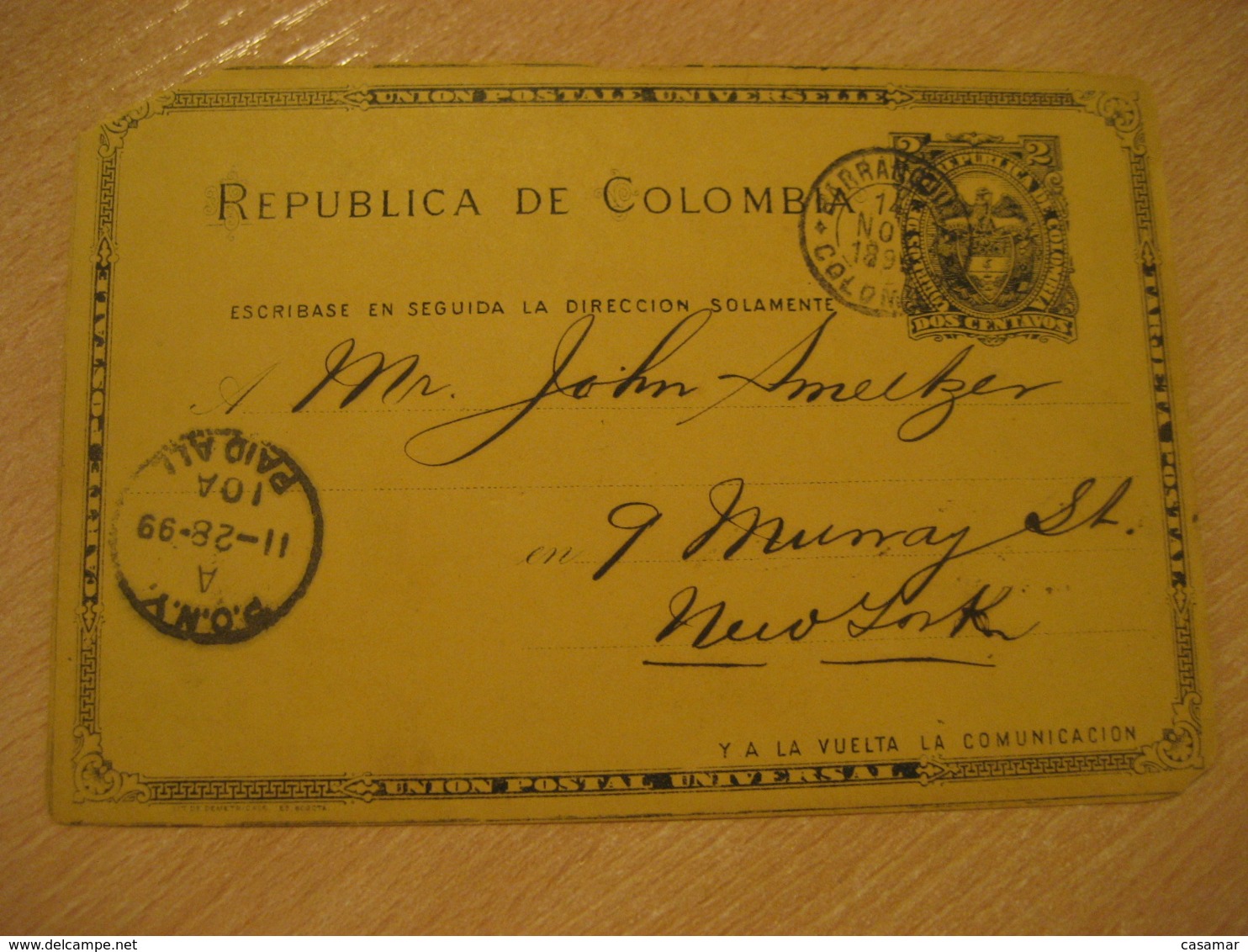 BARRANQUILLA 1899 To New York PONY P.O.N.Y. Paid All Cancel USA Postal Stationery Card COLOMBIA - Colombie