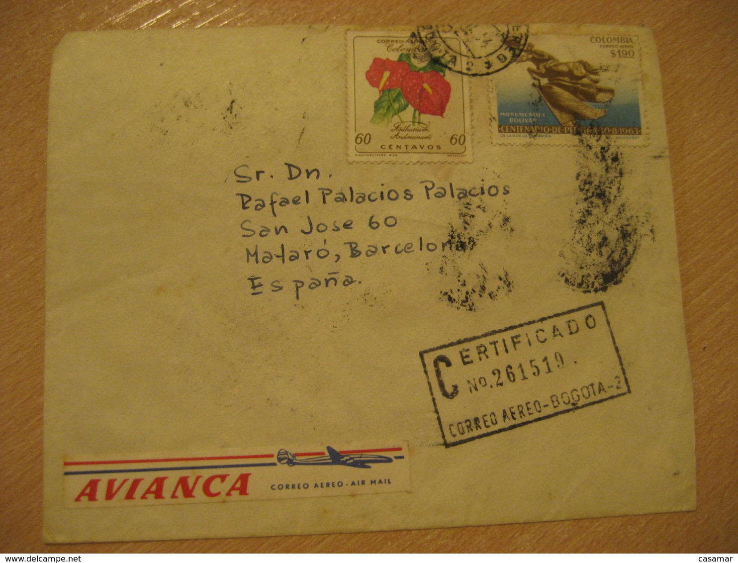 BOGOTA 1964 To Mataro Barcelona Spain AVIANCA Label Stamp Registered Cancel Air Mail Cover COLOMBIA - Colombie