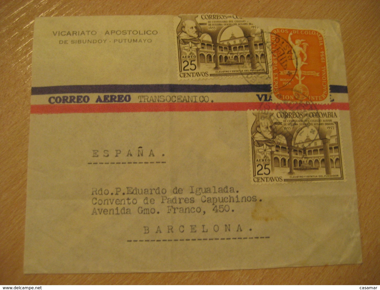 Vicariato Apostolico SIBUNDOY - PUTUMAYO 1955 PASTO To Barcelona Spain Transoceanico Air Mail Cancel Cover COLOMBIA - Colombie