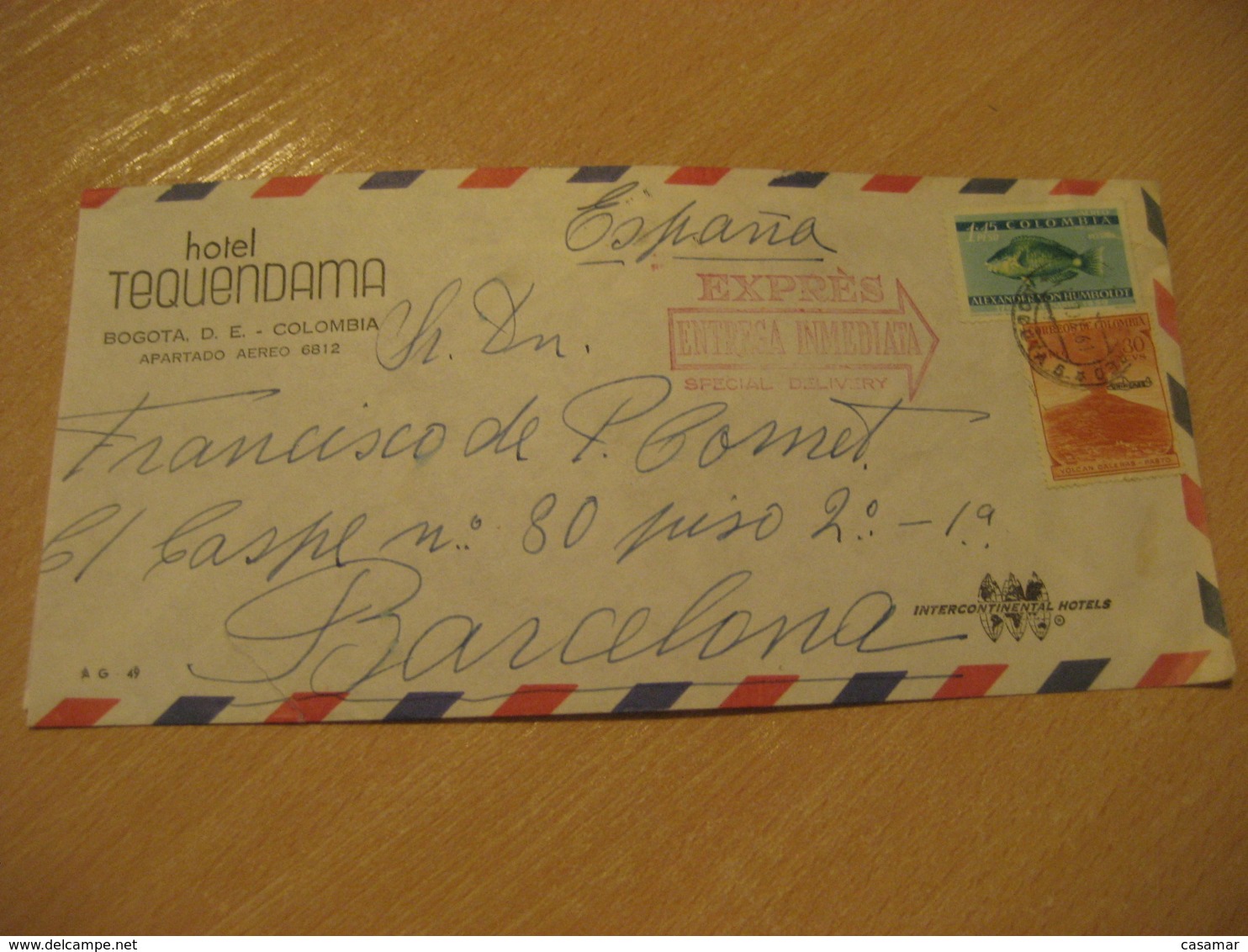 BOGOTA Hotel Tequendama 1961 To Barcelona Spain  EXPRES Special Delivery Correo Aereo Air Mail Cancel Cover COLOMBIA - Colombie