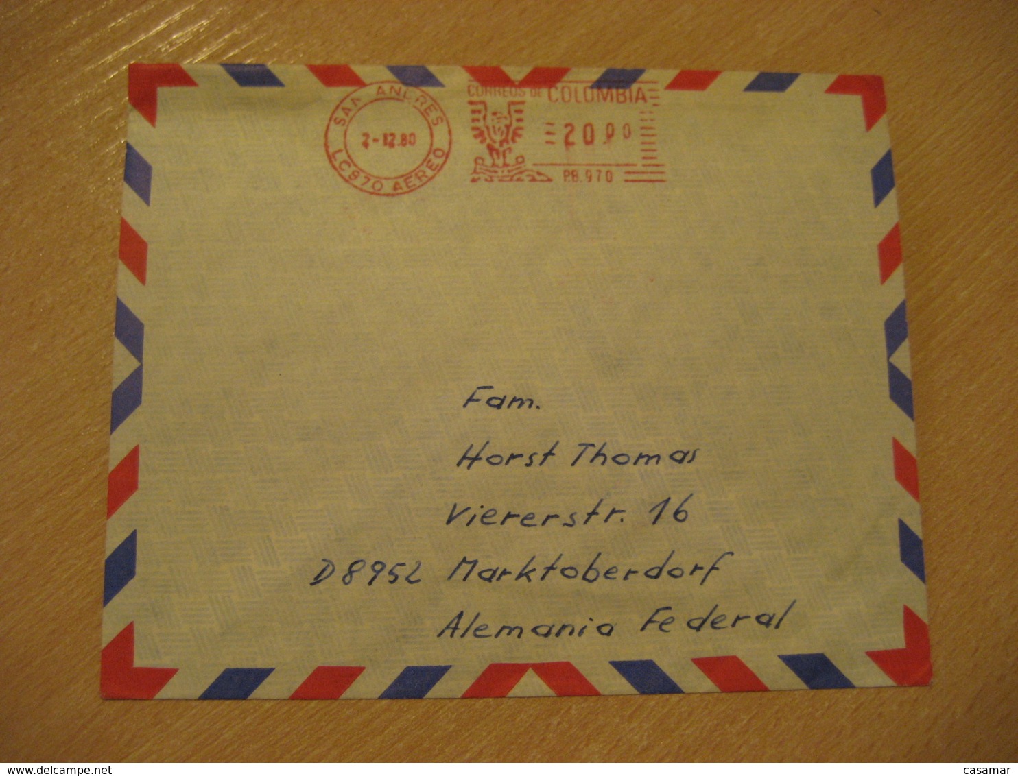 SAN ANDRES 1980 To Marktoberdorf Germany Correo Aereo Meter Air Mail Cancel Cover COLOMBIA - Colombie