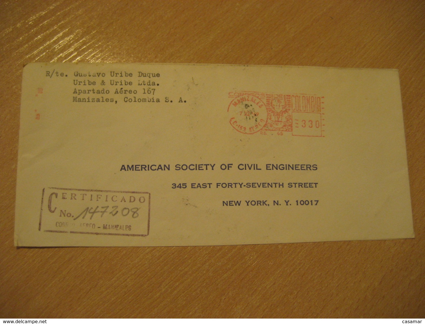 MANIZALES 1969 To New York USA Bogota Correo Aereo Registered Meter Air Mail Cancel Cover COLOMBIA - Colombie