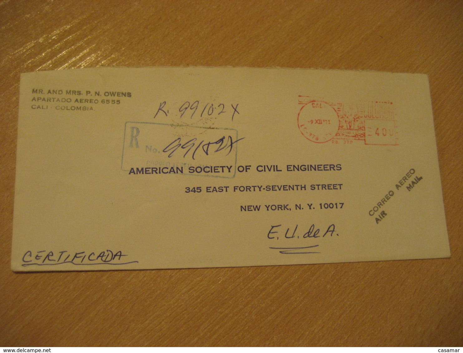 CALI 1971 To New York USA Correo Aereo Registered Meter Air Mail Cancel Cover COLOMBIA - Colombie