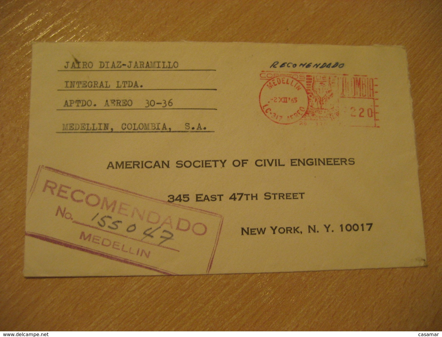 MEDELLIN 1965 To New York USA Correo Aereo Registered Meter Air Mail Cancel Cover COLOMBIA - Colombie