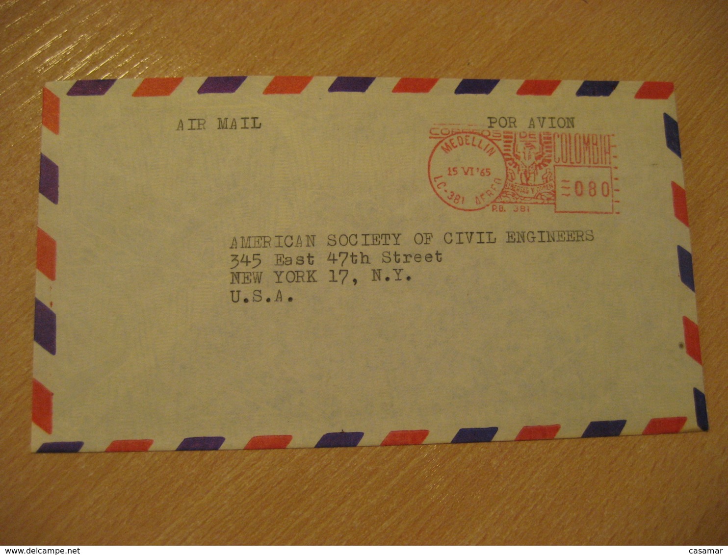 MEDELLIN 1965 To New York USA Correo Aereo Meter Air Mail Cancel Cover COLOMBIA - Colombie