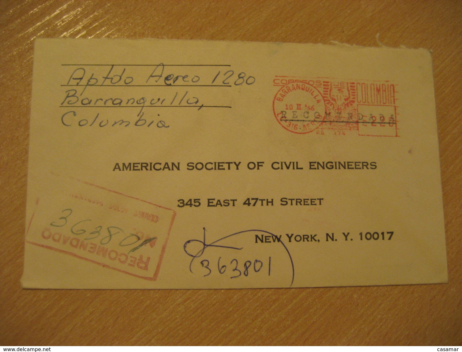 BARRANQUILLA 1966 To New York USA Correo Aereo Registered Meter Air Mail Cancel Cover COLOMBIA - Colombie