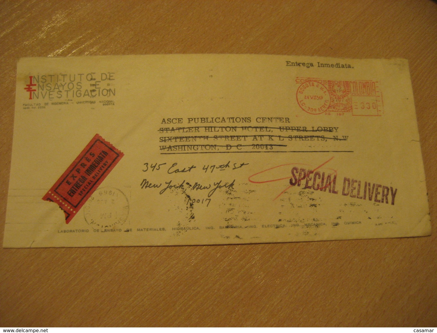 BOGOTA 1969 To New York Washington USA Expres Special Delivery Correo Aereo Meter Air Mail Cancel Cover COLOMBIA - Colombie