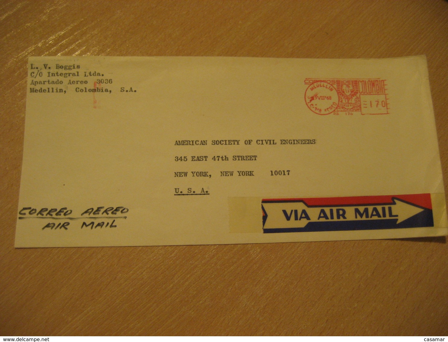 MEDELLIN 1968 To New York USA Correo Aereo Label Meter Air Mail Cancel Cover COLOMBIA - Colombie