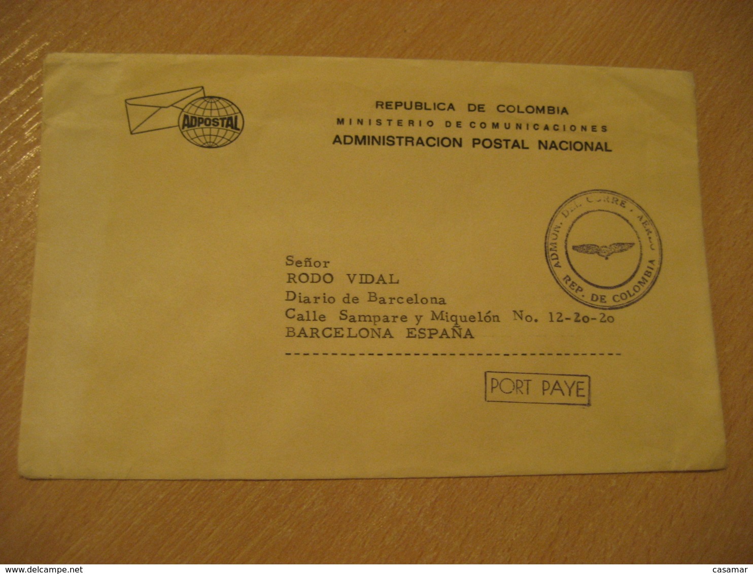 Ministerio De Comunicaciones Administracion Postal Nacional Port Paye Postage Paid Cancel Cover COLOMBIA - Colombie