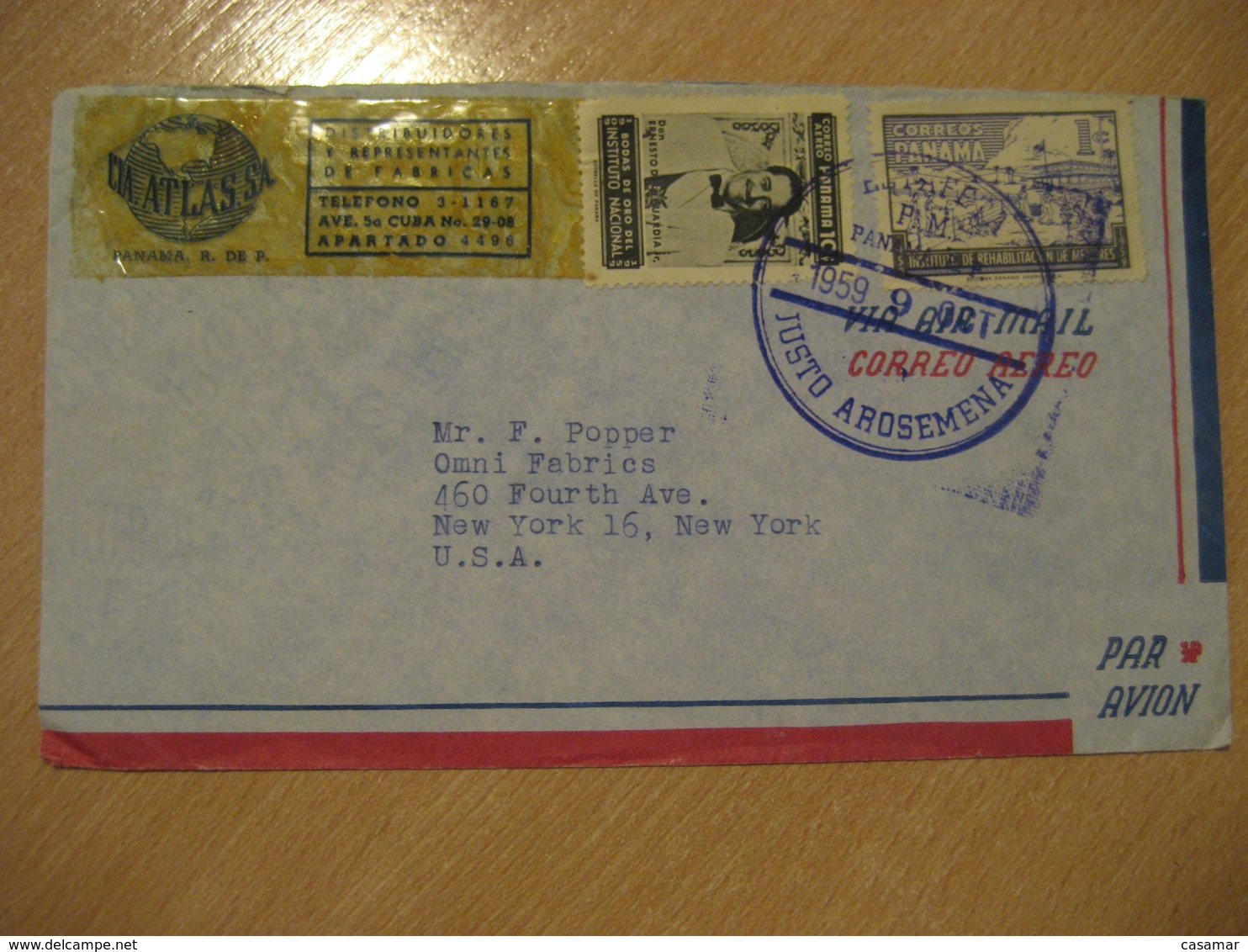 Panama Justo Arosamena 1959 To New York USA CIA Atlas SA Stamp Cancel Air Mail Cover PANAMA - Panama