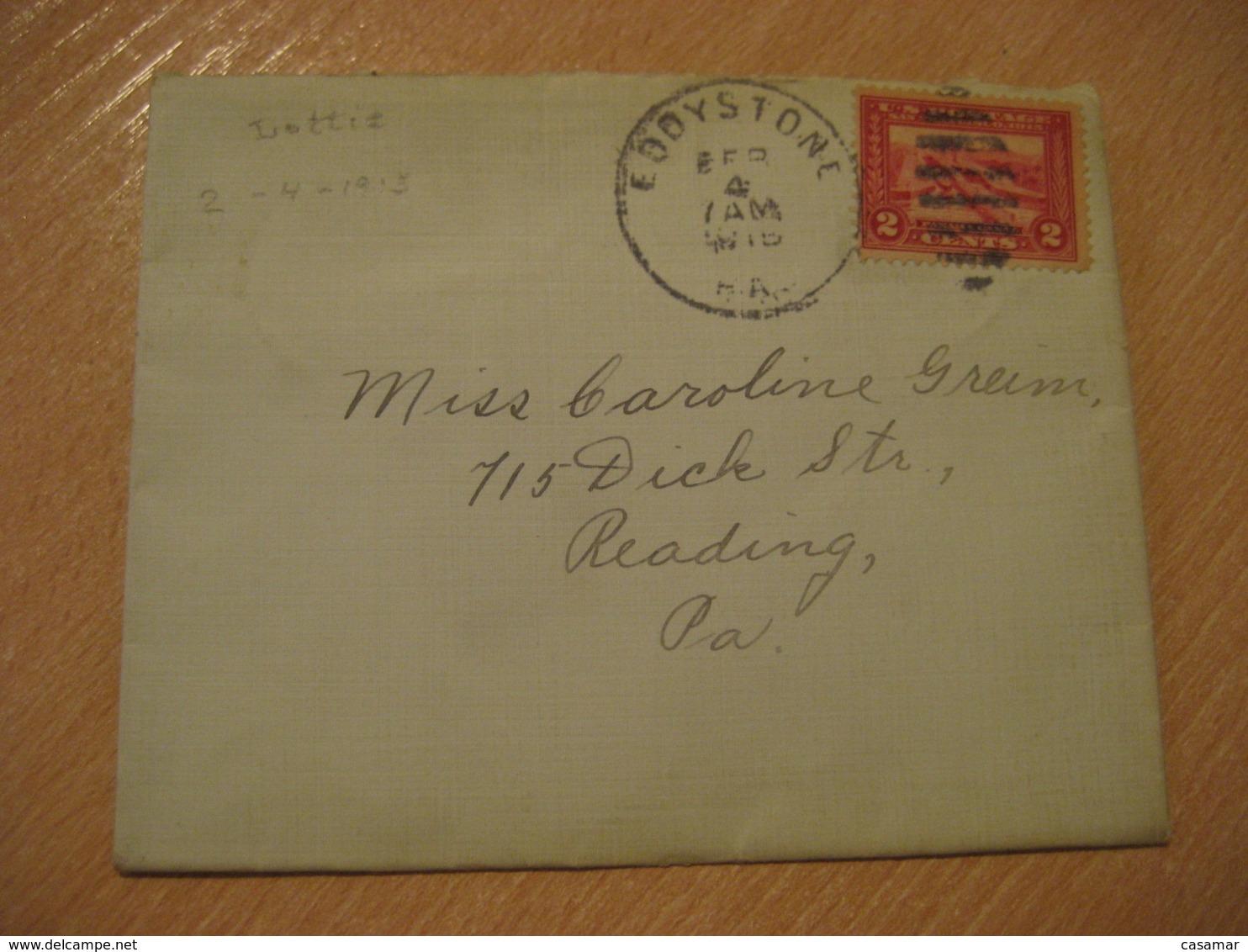 EDDYSTONE 1915 To Reading USA Panama Canal Zone Stamp Cancel Cover PANAMA CANAL ZONE C.Z. CZ - Panama