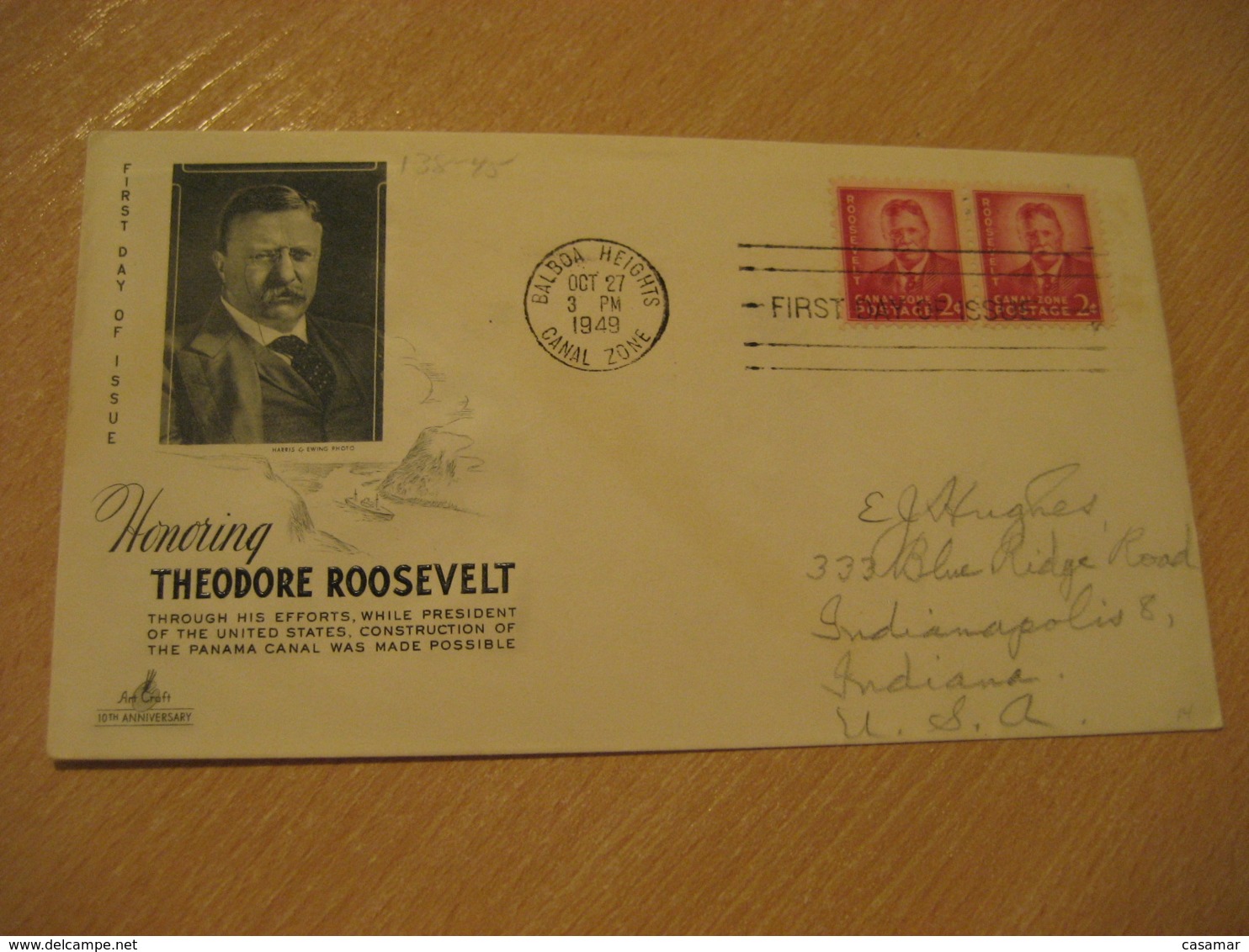 BALBOA HEIGHTS 1949 To Indianapolis USA Theodore Roosevelt FDC Cancel Cover PANAMA CANAL ZONE C.Z. CZ USA - Panama