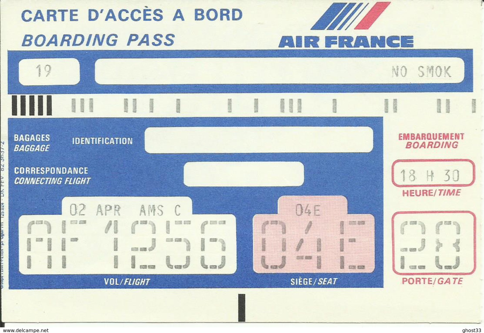 AIR FRANCE - Carte D'Embarquement/Boarding Pass - 1994 - PARIS / AMSTERDAM - Carte D'imbarco