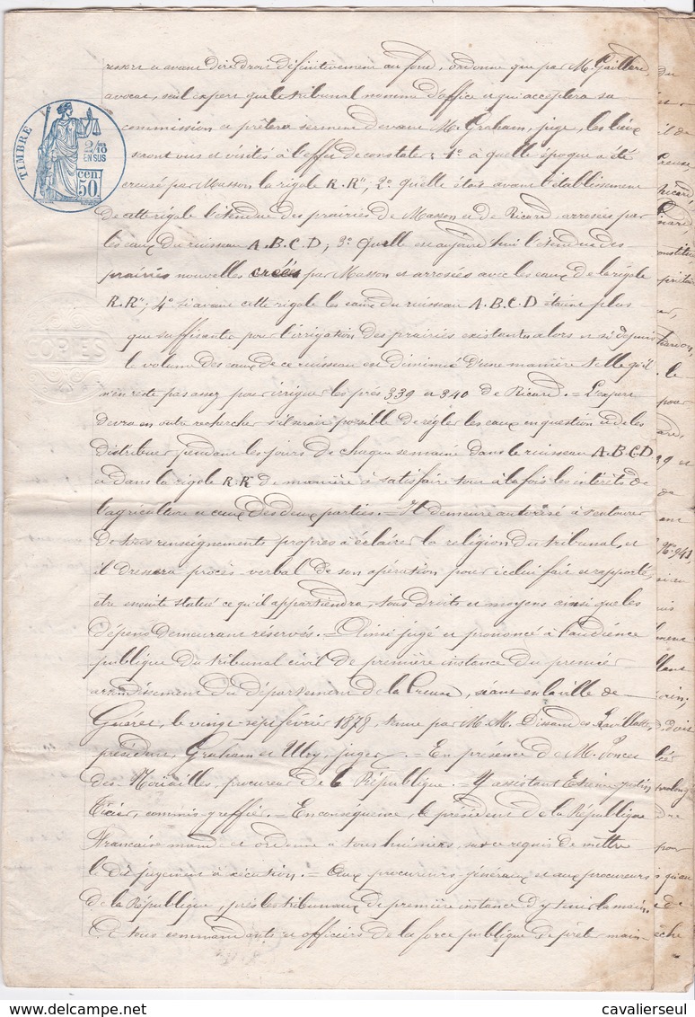 EXTRAIT De GREFFE De TRIBUNAL - GUERET (Creuse)  - 9 MAI 1878  - 3 Pages - Algemene Zegels